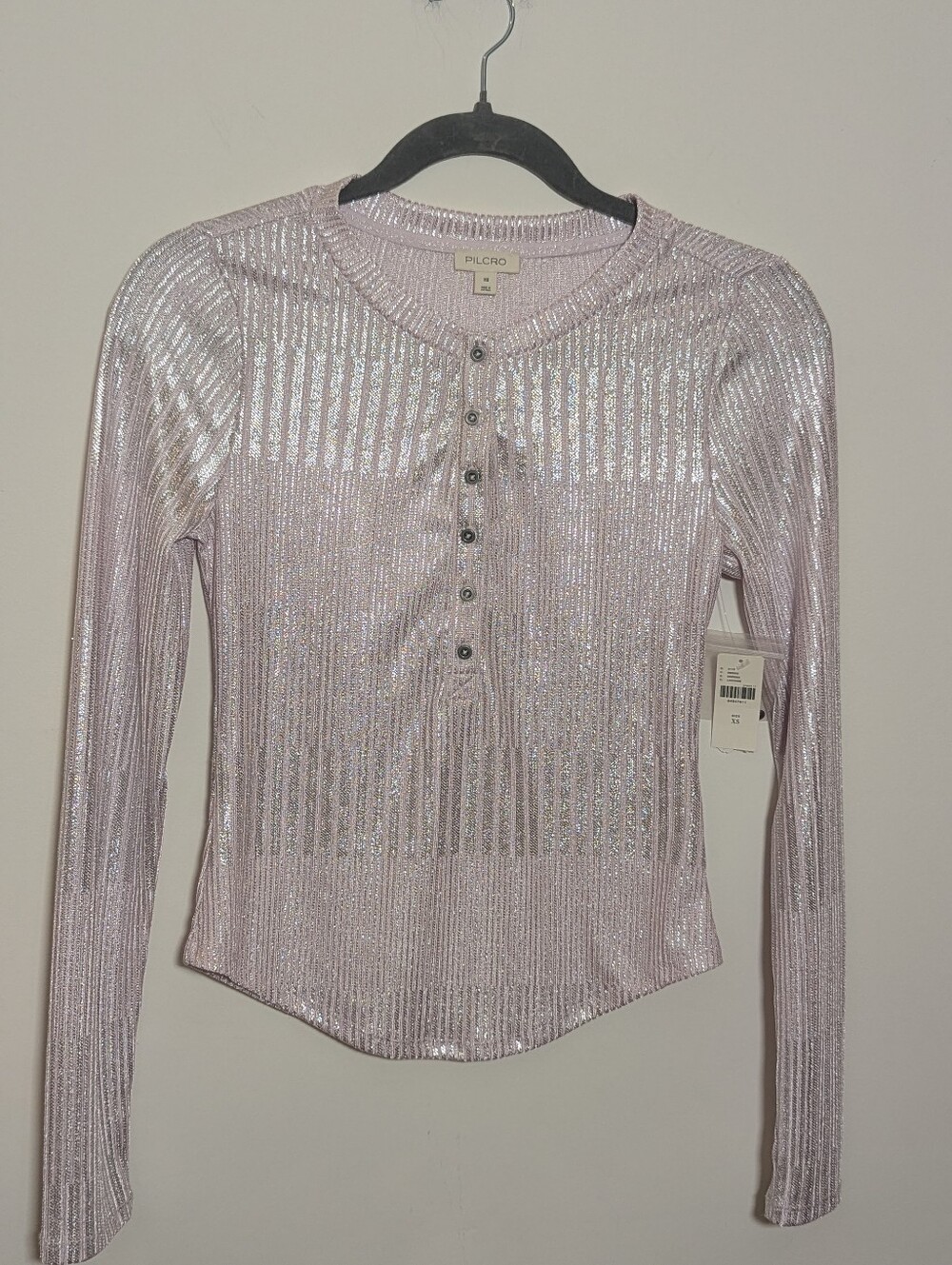 Pilcro by Anthropologie Andie Shimmer Ribbed Henley Top XS Lavender Metallic NWT - Picture 2 of 8